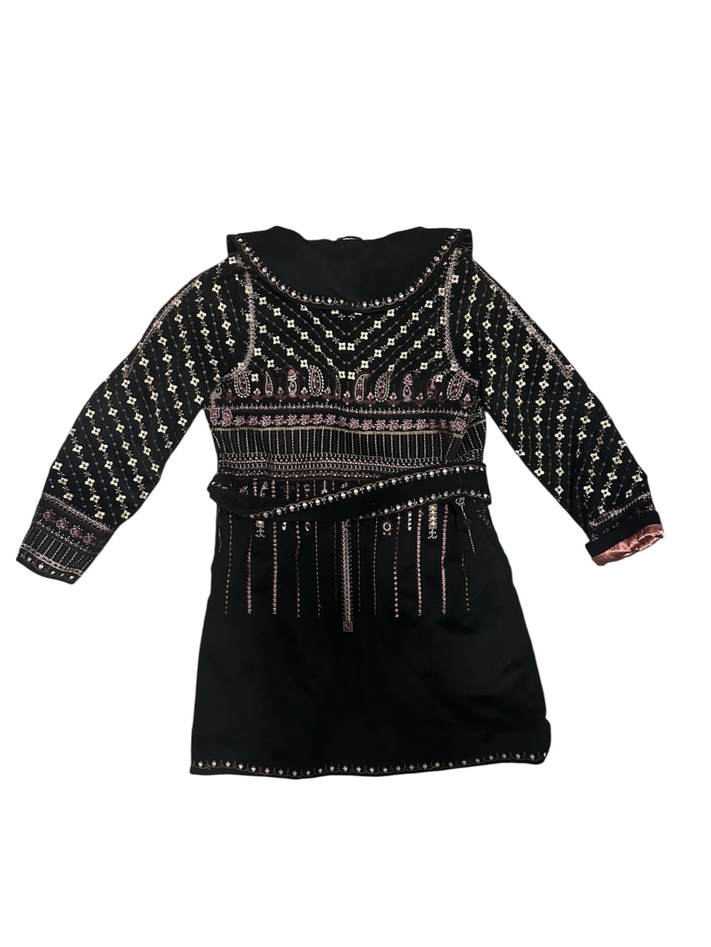 Black Embroidered Belted Coat with Pink Accents - Picture 3 of 4